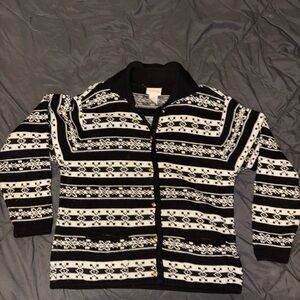 Crystal-Kobe Vintage Nordic Fair Isle Black & White Knit Cardigan